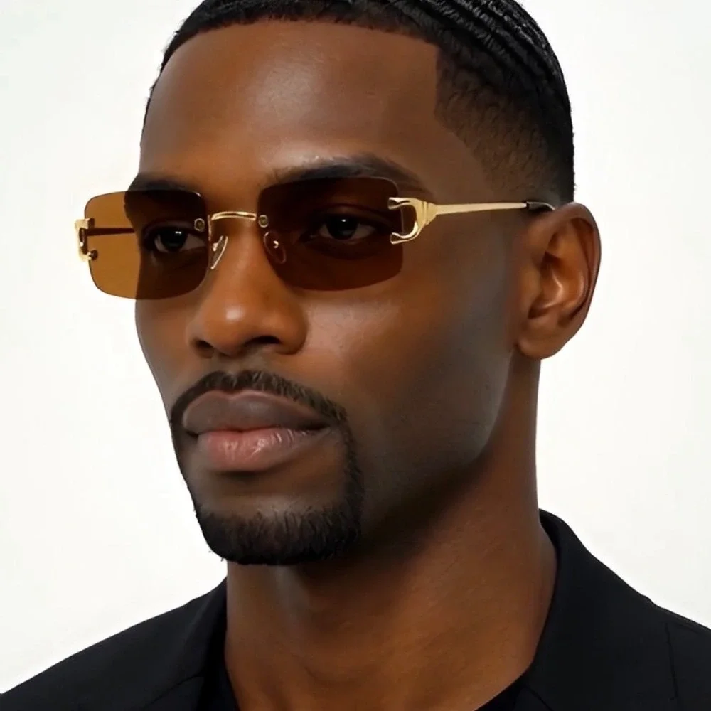 Classic Men Sunglasses Retro vintage Glasses square frameless Driving Brown Lens